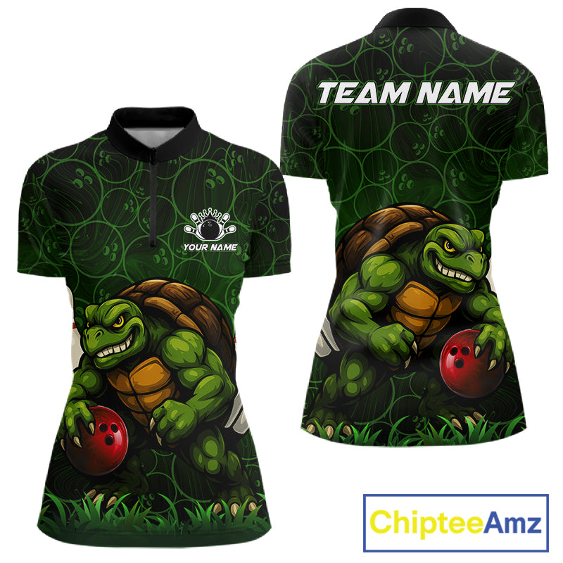 Black and Green Camo Funny Turtle Bowling Polo, 1/4 Zip Shirt For Women Custom Team Bowling jerseys NQS11337