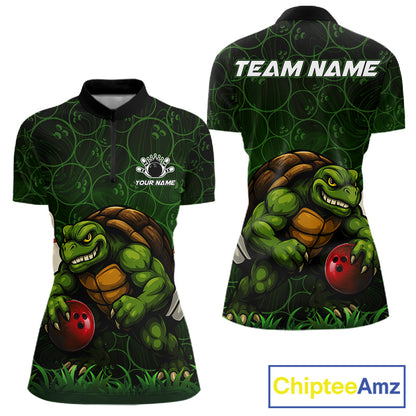 Black and Green Camo Funny Turtle Bowling Polo, 1/4 Zip Shirt For Women Custom Team Bowling jerseys NQS11337