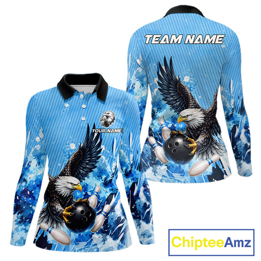 Blue Eagle Bowling Polo, Quarter Zip Shirt For Women Custom Team Bowling jerseys, Gift For Bowlers NQS11339