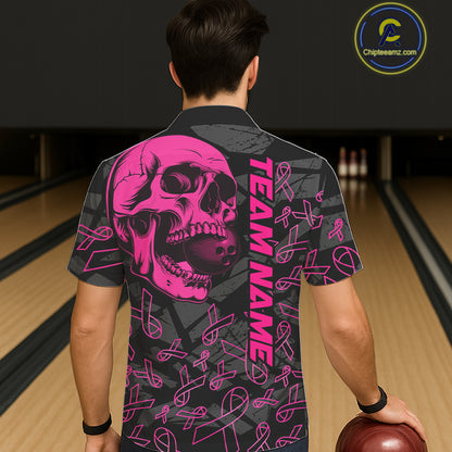 Black Skull camo pink ribbon pattern breast cancer bowling Hawaiian Shirt custom bowling team jersey NQS11549