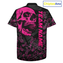 Load image into Gallery viewer, Black Skull camo pink ribbon pattern breast cancer bowling Hawaiian Shirt custom bowling team jersey NQS11549