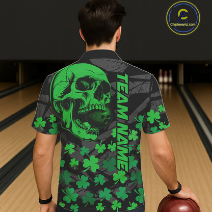 Black Skull camo Green Shamrock pattern St Patrick bowling Hawaiian Shirt custom bowling team jersey NQS11550