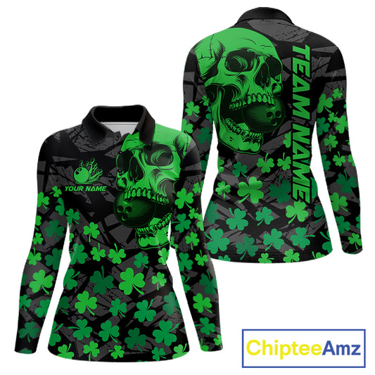 Black Skull camo Green Shamrock pattern St Patrick bowling shirt for Women custom bowling team jersey NQS11550