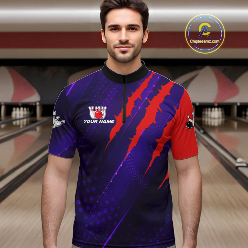 Personalized bowling shirts for men custom purple and red team bowling jerseys, gift for bowlers NQS11554