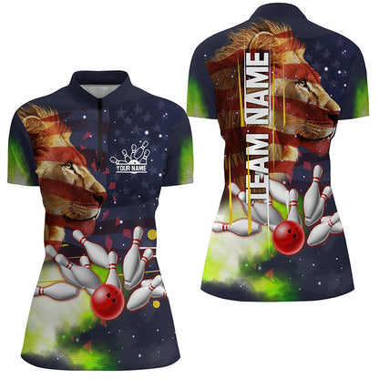 American flag Lion Bowling Polo, Quarter Zip Shirt For Women Custom Patriotic Bowling Team Jerseys NQS8565