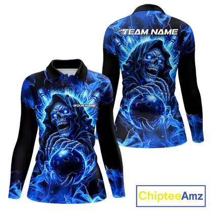 Blue Flame Skull Bowling Polo, 1/4 Zip Shirts For Women Custom Bowling Reaper Team Bowling jersey NQS11348