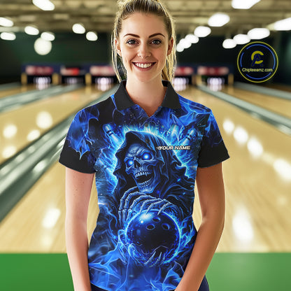 Blue Flame Skull Bowling Polo, 1/4 Zip Shirts For Women Custom Bowling Reaper Team Bowling jersey NQS11348