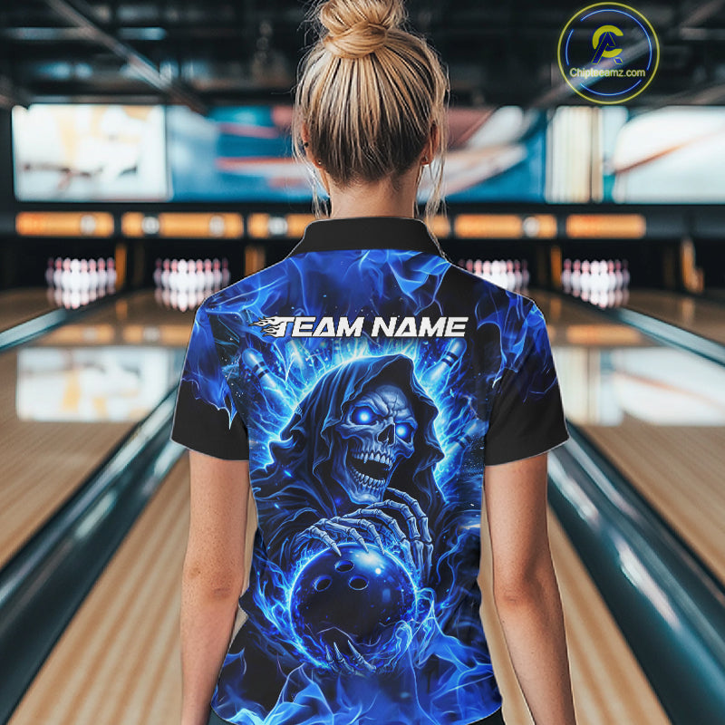 Blue Flame Skull Bowling Polo, 1/4 Zip Shirts For Women Custom Bowling Reaper Team Bowling jersey NQS11348