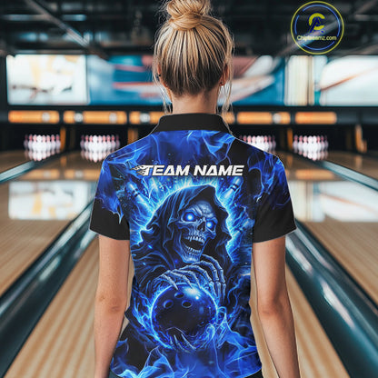 Blue Flame Skull Bowling Polo, 1/4 Zip Shirts For Women Custom Bowling Reaper Team Bowling jersey NQS11348