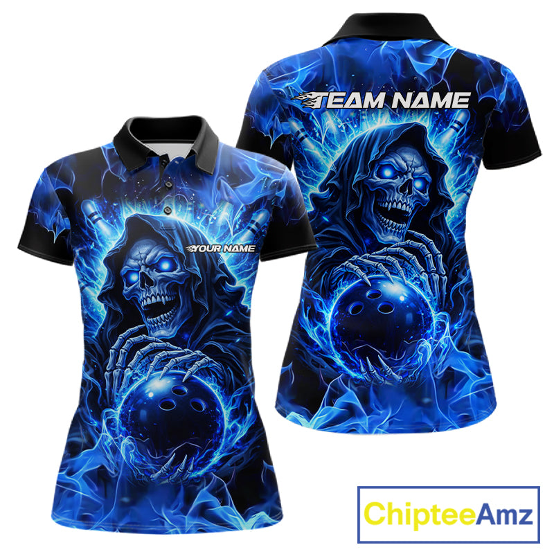 Blue Flame Skull Bowling Polo, 1/4 Zip Shirts For Women Custom Bowling Reaper Team Bowling jersey NQS11348
