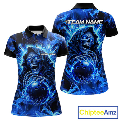 Blue Flame Skull Bowling Polo, 1/4 Zip Shirts For Women Custom Bowling Reaper Team Bowling jersey NQS11348