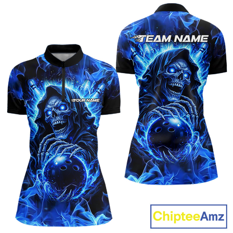 Blue Flame Skull Bowling Polo, 1/4 Zip Shirts For Women Custom Bowling Reaper Team Bowling jersey NQS11348
