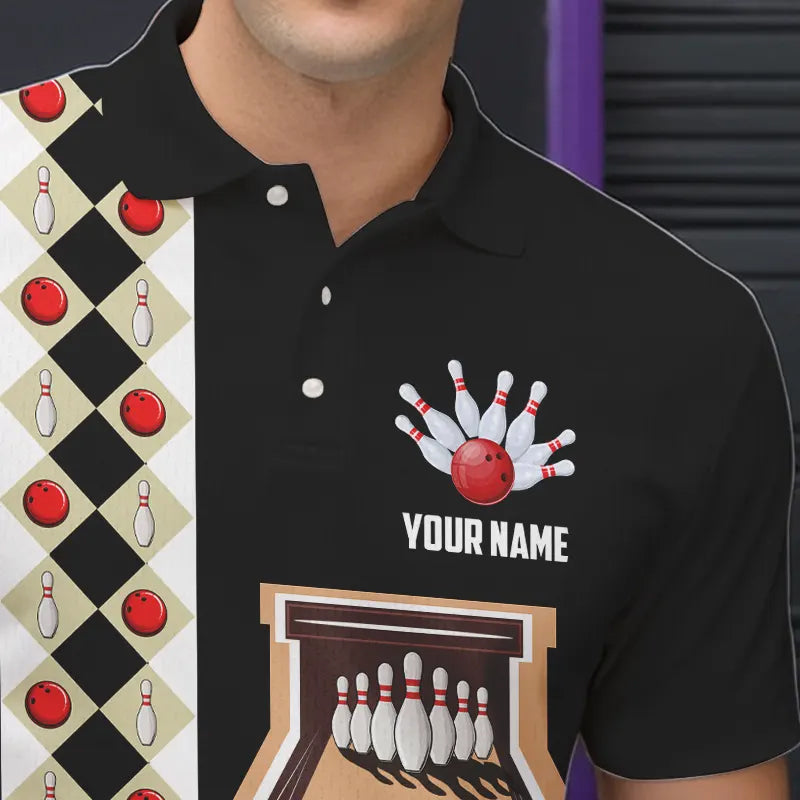 Personalized Red, white and black Retro bowling Polo, Quarter Zip shirt for Men, Bowling Team Jersey NQS9460