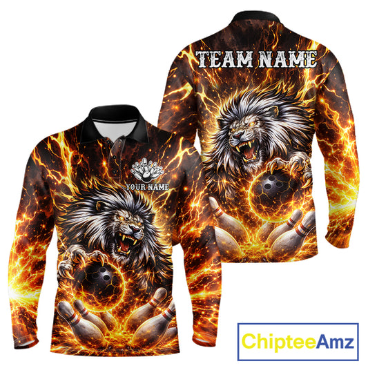 Gold Lightning Thunder Angry Lion Bowling Polo, 1/4 Zip Shirt for Men Custom Lion Bowling Team jersey NQS11681