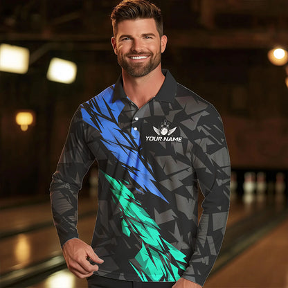 Personalized Black, Blue and Turquoise Camo Bowling Shirt For Men Custom Team Name Bowling Jerseys NQS9786