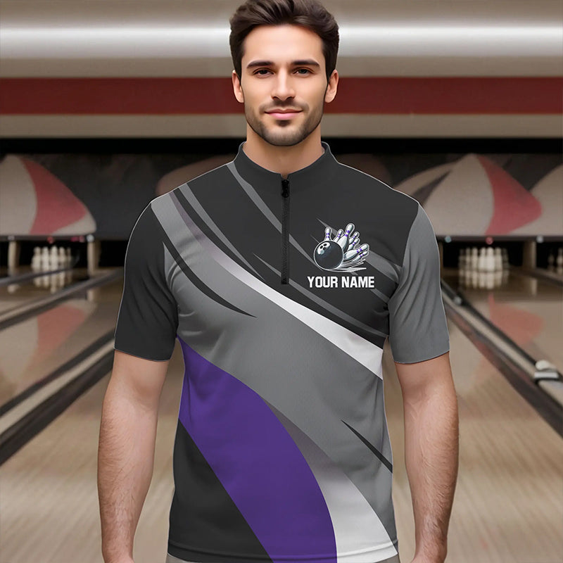 Personalized Black, Gray and Purple Bowling Shirts For Men, Bowling Balls And Pins Bowling Team Shirts NQS9785