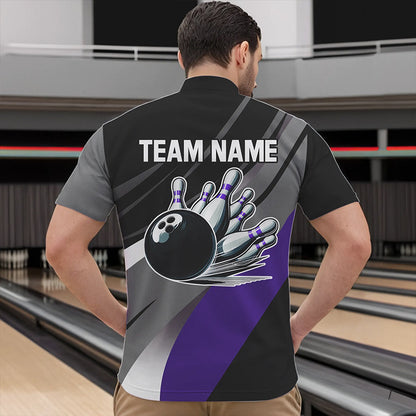 Personalized Black, Gray and Purple Bowling Shirts For Men, Bowling Balls And Pins Bowling Team Shirts NQS9785