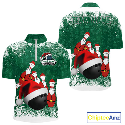 Mens bowling shirts Custom Funny Christmas snowflake Santa Bowling Ball pins Team Jersey | Green NQS11143