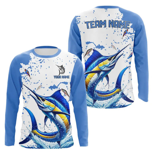Personalized Blue and white Marlin Fishing Shirts Custom Marlin Long Sleeve Fishing Team Jerseys NQS9308