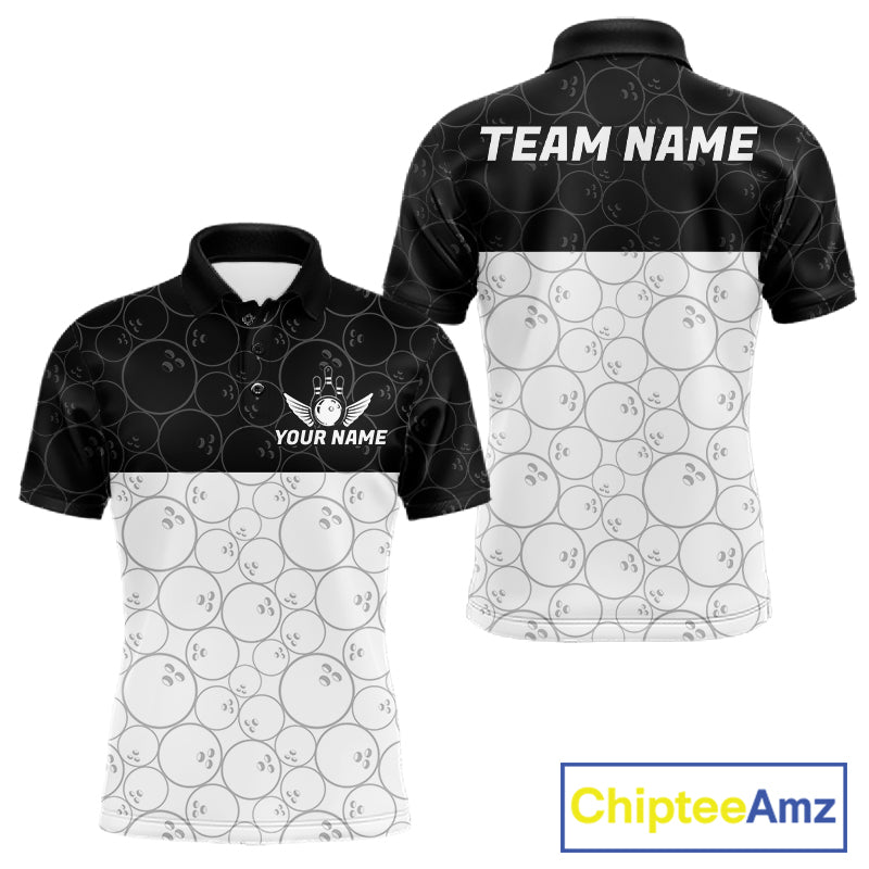 Black and White Bowling Camo Polo, 1/4 Zip Shirts for Men Custom Bowling Team League Bowlers Outfit NQS11701