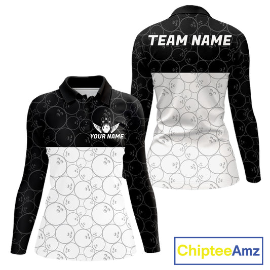 Black and White Bowling Camo Polo, 1/4 Zip Shirts for Women Custom Bowling Team League Bowlers Outfit NQS11701