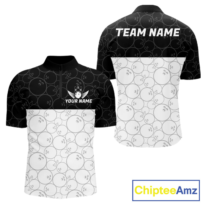 Black and White Bowling Camo Polo, 1/4 Zip Shirts for Men Custom Bowling Team League Bowlers Outfit NQS11701