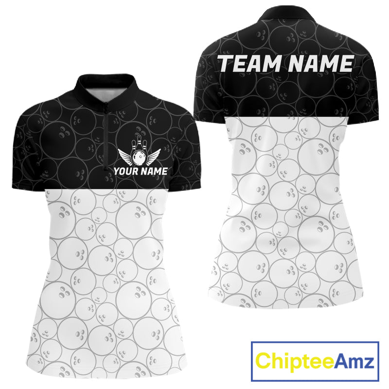Black and White Bowling Camo Polo, 1/4 Zip Shirts for Women Custom Bowling Team League Bowlers Outfit NQS11701