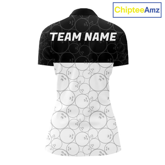 Black and White Bowling Camo Polo, 1/4 Zip Shirts for Women Custom Bowling Team League Bowlers Outfit NQS11701