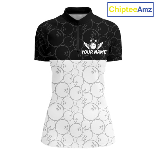 Black and White Bowling Camo Polo, 1/4 Zip Shirts for Women Custom Bowling Team League Bowlers Outfit NQS11701