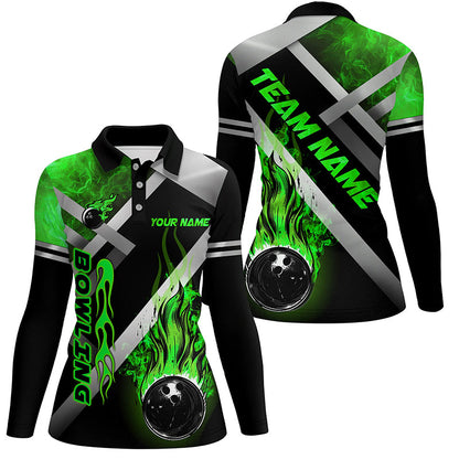 Women bowling shirts Custom Black bowling ball Flame Bowling Team Jerseys, gift for Bowlers | Green NQS7574
