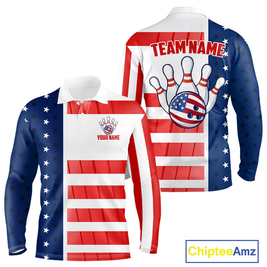 Red, White and Blue American Flag Bowling Shirts For Men Custom Patriotic Bowling Team Jerseys NQS11157