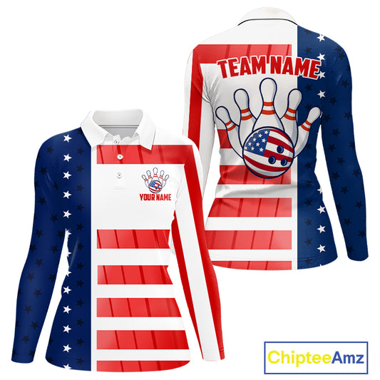 Red, White and Blue American Flag Bowling Shirts For Women Custom Patriotic Bowling Team Jerseys NQS11157