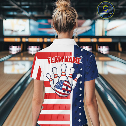 Red, White and Blue American Flag Bowling Shirts For Women Custom Patriotic Bowling Team Jerseys NQS11157