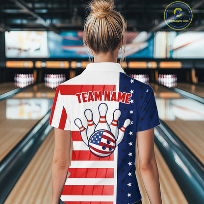Red, White and Blue American Flag Bowling Shirts For Women Custom Patriotic Bowling Team Jerseys NQS11157