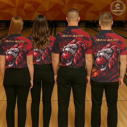 Black and Red Lion Bowling Polo, 1/4 Zip Jersey for Men, Lion Bowling Team League shirts NQS11572