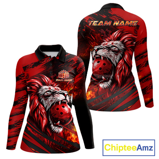 Black and Red Lion Bowling Polo, 1/4 Zip Jersey for Women, Lion Bowling Team League shirts NQS11572