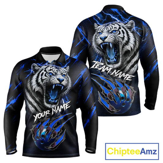 Black & Blue Lightning Thunder Tiger Bowling Polo, 1/4 zip shirts for men custom team Bowling jerseys NQS11575