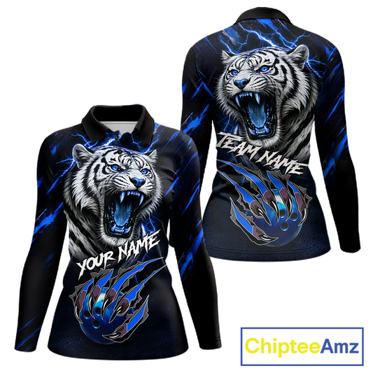Black & Blue Lightning Thunder Tiger Women Bowling Polo, 1/4 zip shirts custom team Bowling jerseys NQS11575