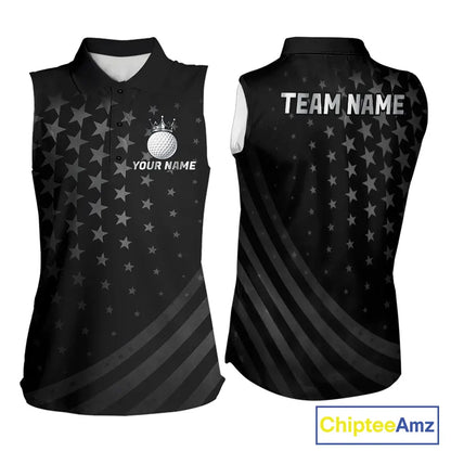 Custom Black American Flag Sleeveless Golf Polo shirt, Personalized patriotic Ladies Golf top NQS11707