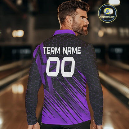 Black And Purple Custom Bowling Polo, Quarter Zip Shirts For Men, Bowling Team League Jersey NQS9811