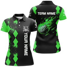 Load image into Gallery viewer, Black Womens golf polo shirts custom green argyle pattern flame golf ball golf tops for team ladies NQS7714