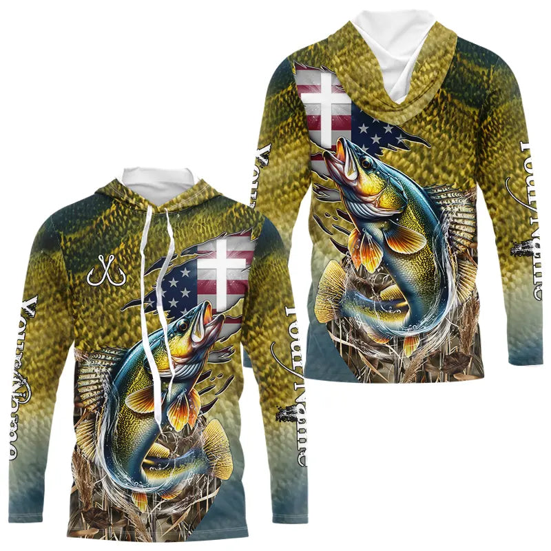 Walleye Fishing Scales Camo American Flag Faith patriotic Custom UV protection long sleeves shirts NQS9310