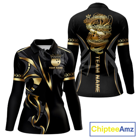 Black and Gold Dragon Bowling ball Polo, Quarter Zip Shirts for Women Custom Bowling Team jerseys NQS11579