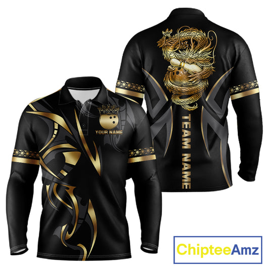 Black and Gold Dragon Bowling ball Polo, Quarter Zip Shirts for Men Custom Bowling Team jerseys NQS11579