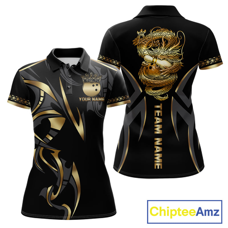 Black and Gold Dragon Bowling ball Polo, Quarter Zip Shirts for Women Custom Bowling Team jerseys NQS11579