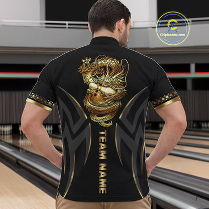 Black and Gold Dragon Bowling ball Polo, Quarter Zip Shirts for Men Custom Bowling Team jerseys NQS11579