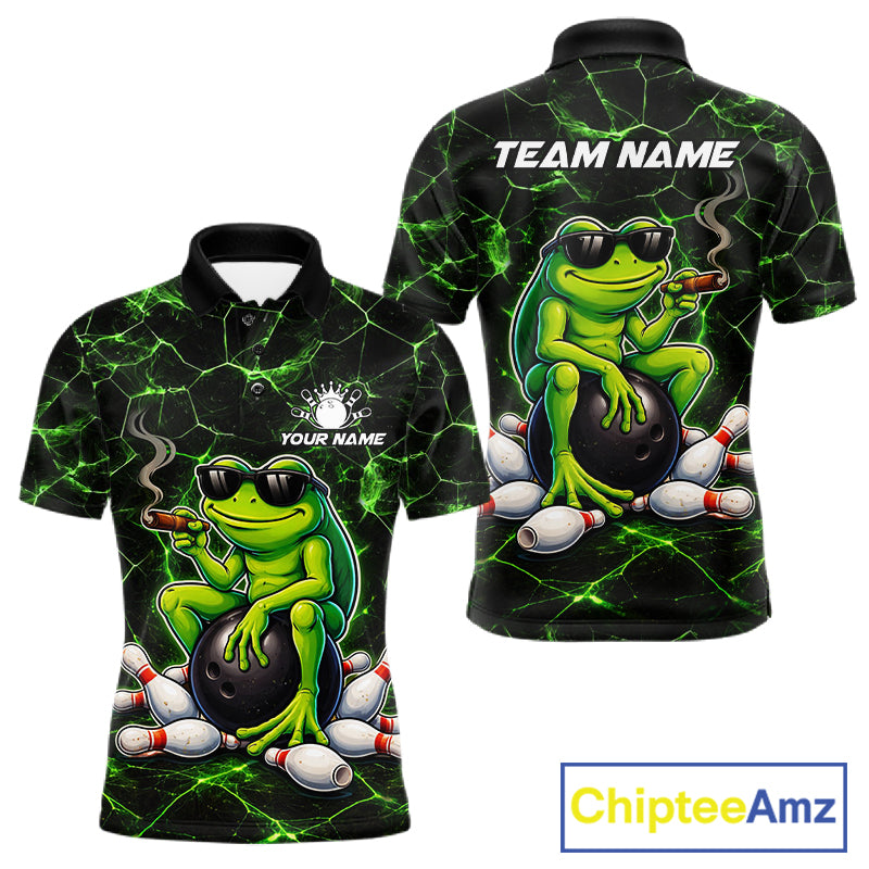 Black & Green Funny Frog Bowling Polo, 1/4 zip Shirts for Men Custom Team Frog Bowling League Jersey NQS11583