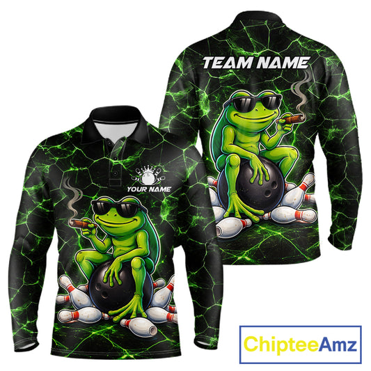 Black & Green Funny Frog Bowling Polo, 1/4 zip Shirts for Men Custom Team Frog Bowling League Jersey NQS11583