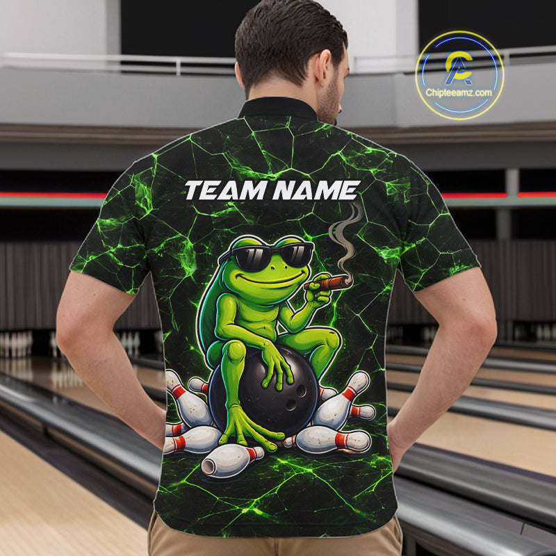 Black & Green Funny Frog Bowling Polo, 1/4 zip Shirts for Men Custom Team Frog Bowling League Jersey NQS11583