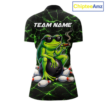 Black & Green Funny Frog Bowling Polo, 1/4 zip Shirt for Women Custom Team Frog Bowling League Jersey NQS11583